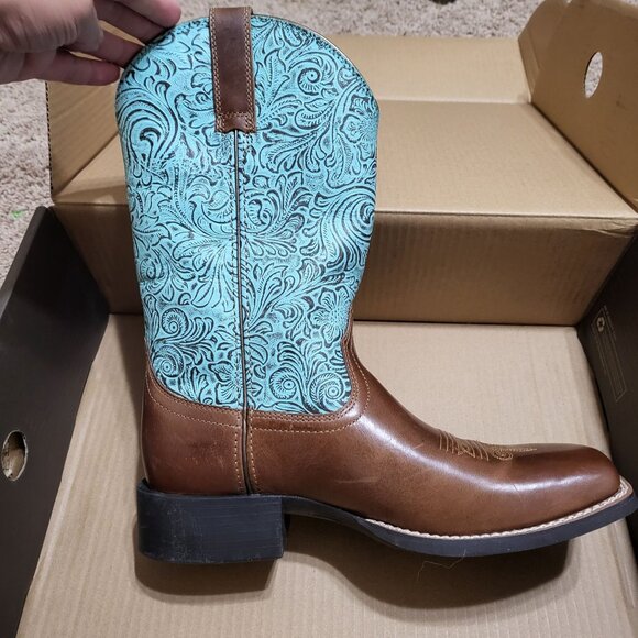 Women Ariat Round Up Wide Square Toe Beduino Brown Turquoise Floral Embossed 9.5 - Picture 7 of 15
